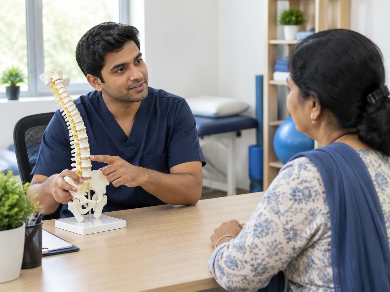 A physiotherapist explaining spine anatomy to a patient during consultation