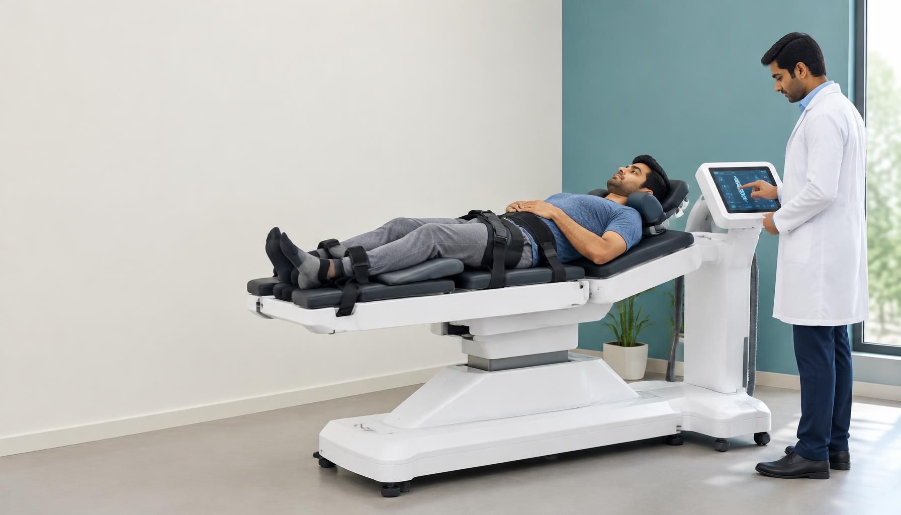 A patient on a robotic spinal decompression table while a physiotherapist adjusts the console