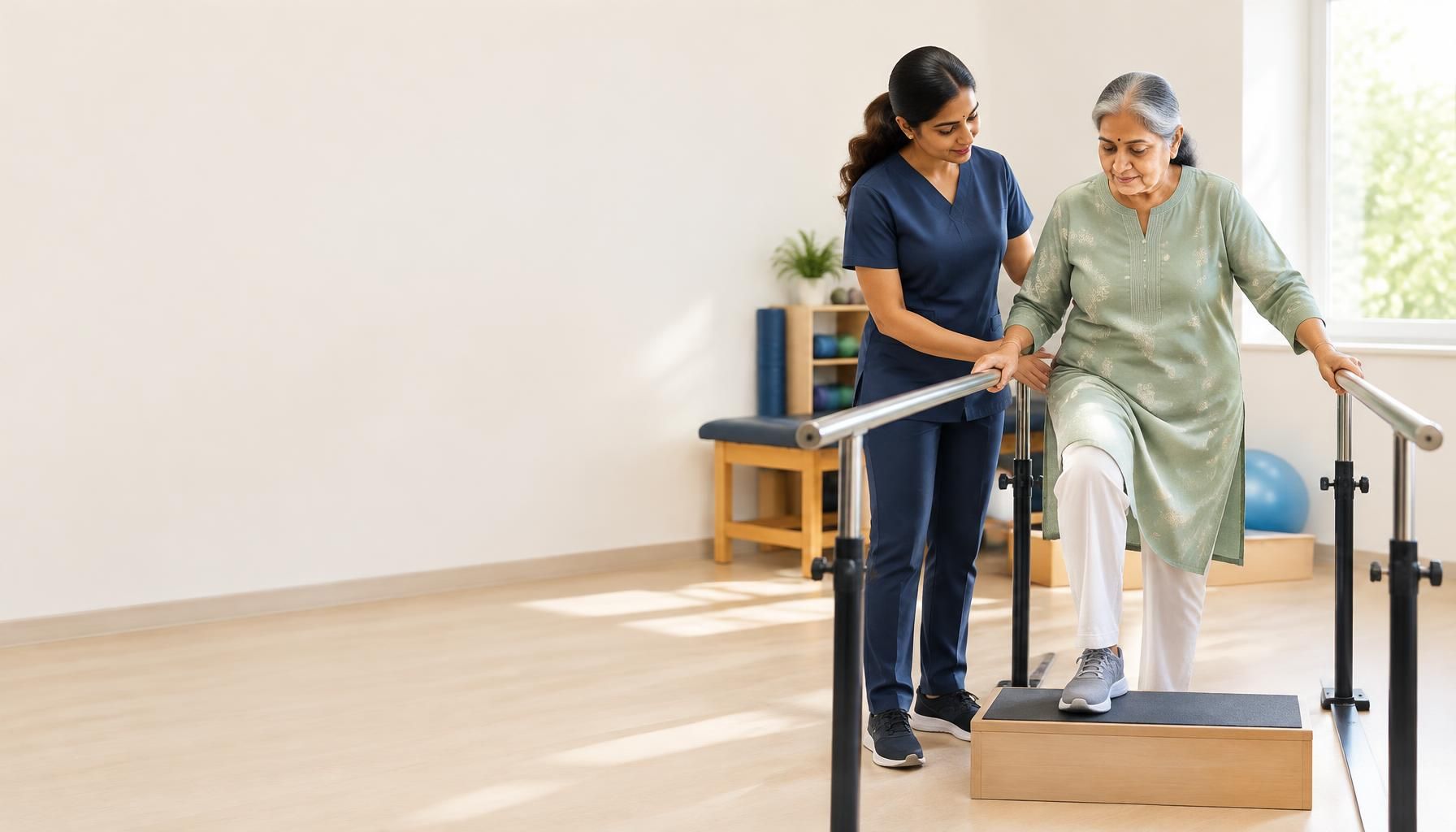 Physiotherapist supporting a senior patient during exercise